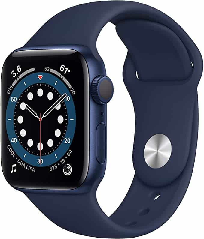 Smartwatch Apple Watch Series 8 z ciemnoniebieskim paskiem i funkcjami zdrowotnymi.